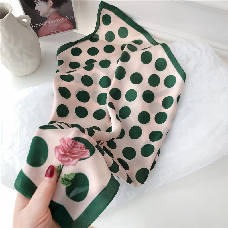 Luna&Dolphin Women Spring  Square Scarf 70X70CM Green Dot Rose Cartoon Chiffon Silk  Elegant Flower Camera Headband Hair Bandana