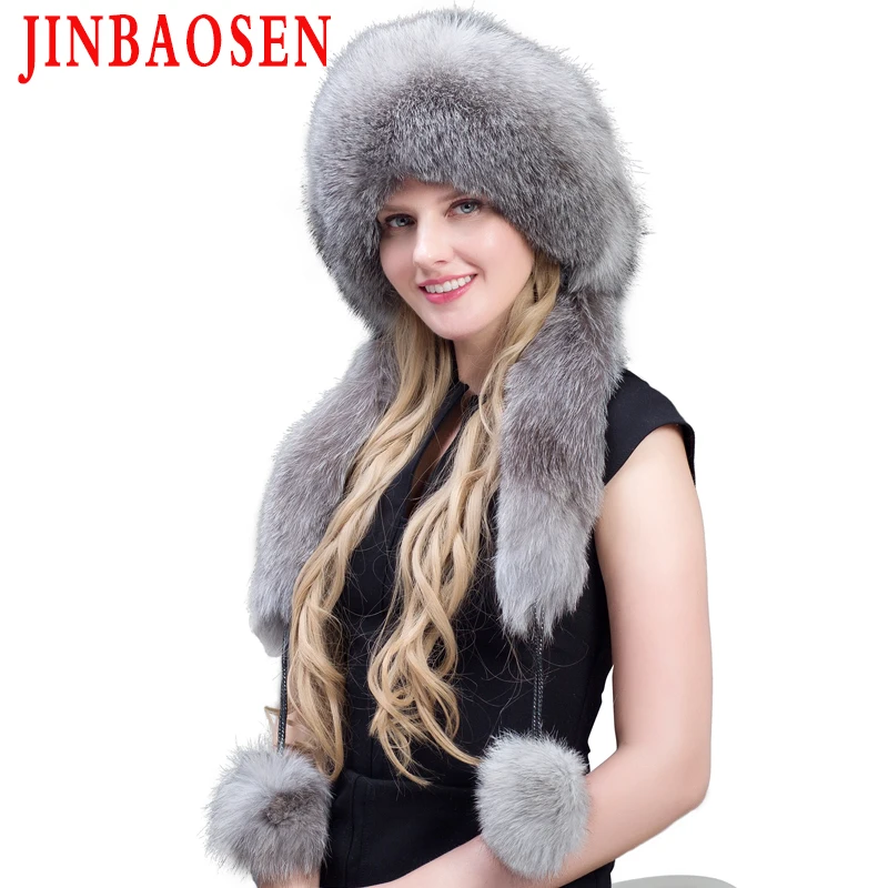 JINBAOSEN Fur Cap Ladies Natural  Fox Fur Winter Thick Warm Ears Fashion Bombing Cap Black New Listing