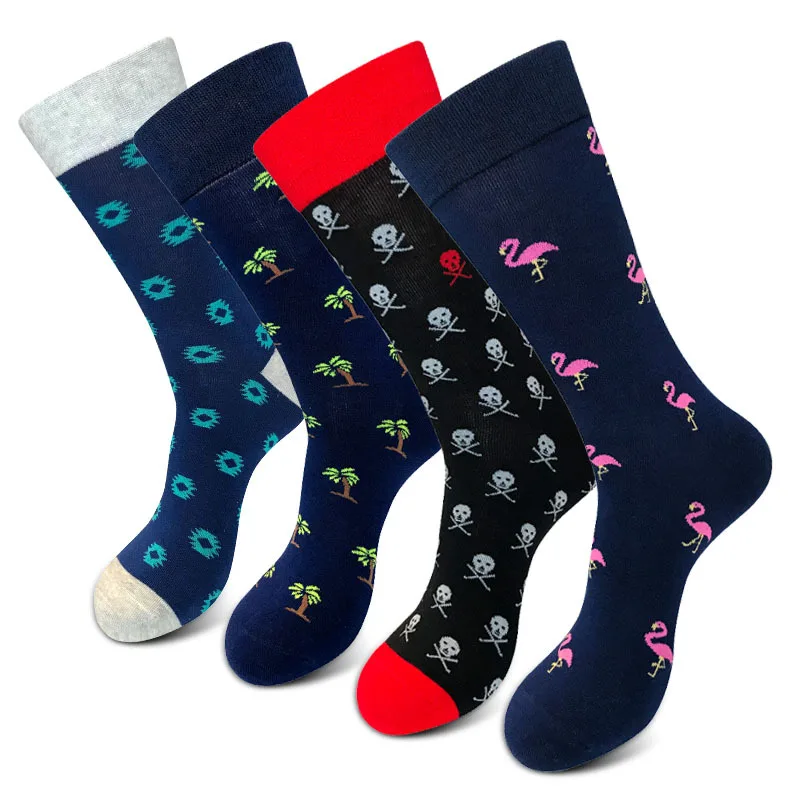 Large Size Mans Happy Socks Cotton Mid-Calf Novelty Flamingo Skull Palm Tree Halloween Hip Hop Streetwear Skate Socks EU45 46