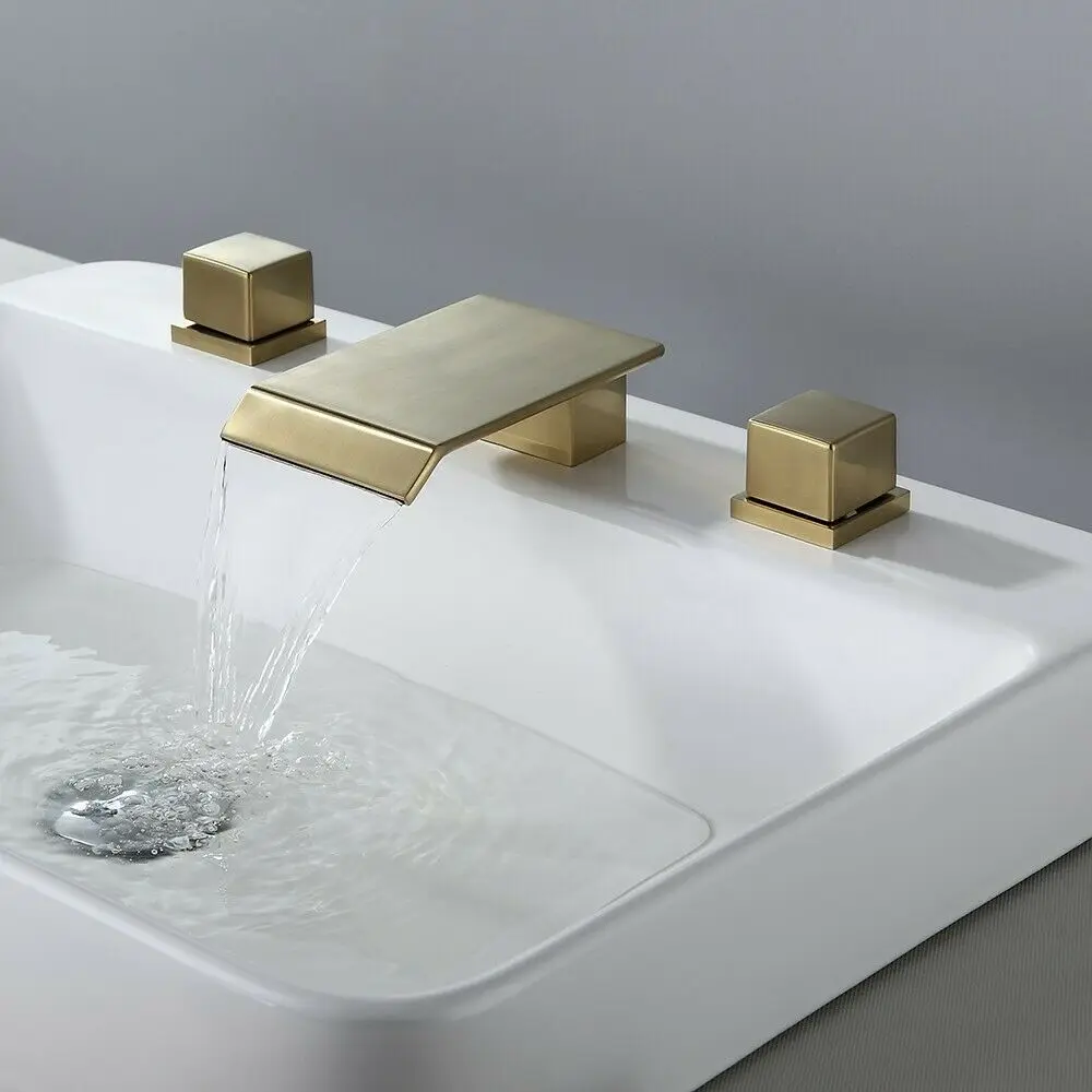 Free ship Double Handles Waterfall Bathroom Sink Faucet 3 holes Widespread Mixer Tap Brushed Gold New deck mounted