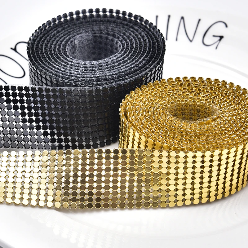 3Mm Aluminum Mesh Fabric Trim Sparkly Metal Sequin Hotfix Ribbon Tape Black Silver Gold Rhinestones Bridal Applique Diy Bags Bra