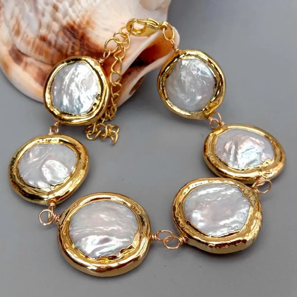 YYGEM 21MM natural Cultured White Coin Freshwater Pearl Gold plated Wrao Bracelet Handmade Fashion Jewelry 8