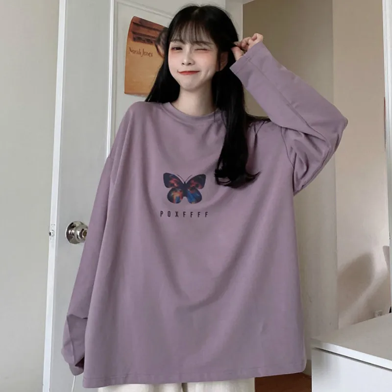 Hoodies Women Butterfly-Print Oversize Ulzzang Drop-shoulder Popular Autumn Slouchy Tunic Hoodie Round Neck Street Sweatshirts