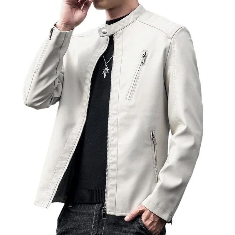 

Mens Stand-Up collar Leather Jacket Autumn Winter Men Faux PU Leather Jackets Casual Washed Biker Coat Zipper Street Jacket