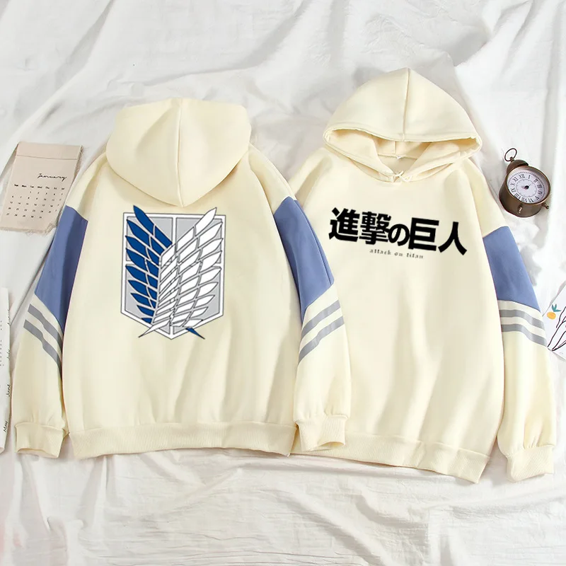 Autumn Winter Thick Fleece Velvet Anime Hoodies Men and Women Attack on Titan Patchwork Sweatshirts Loose Warm Tops Male Sweater