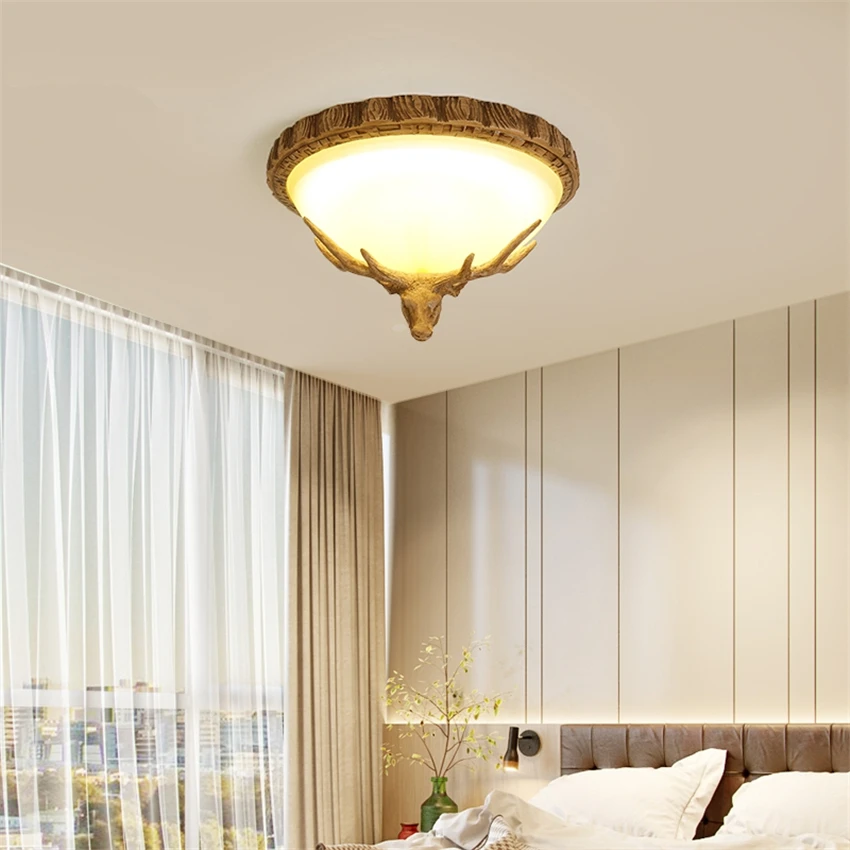 American Retro Deer Head Ceiling Lamps Nordic Art Aisle Balcony Corridor Bedroom Living Room Study Villa Antler Ceiling Lights