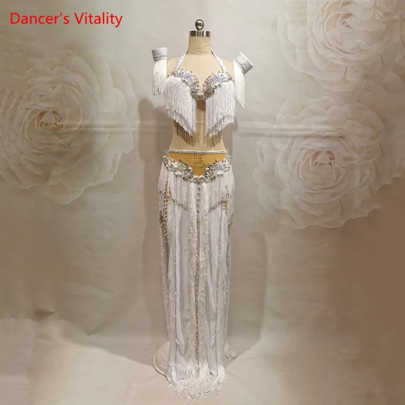 Women Belly Dance Competition Outfits Customized Tassel Bra Sexy Split Long Skirt Oriental Indian Drum Dancing Performance Suit