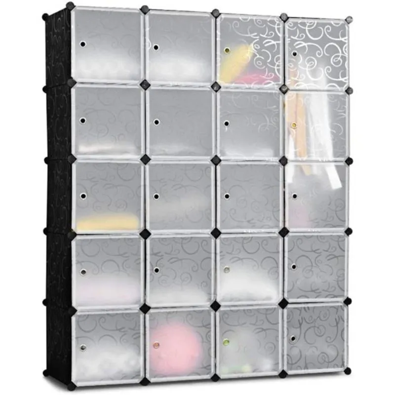 Modular Closet Cabinet Bookcase Storage Shelf Plastic 20 Cube Organizer Stackable Design Multifunctional Hanging Rod White&Black