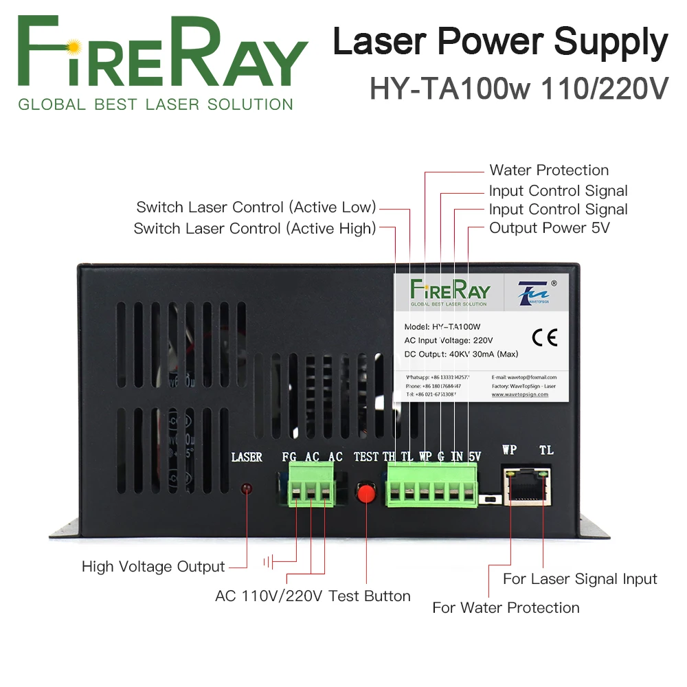 FireRay 100W CO2 Laser Power Supply HY-TA100W لآلة قطع النقش بالليزر CO2 ضمان طويل