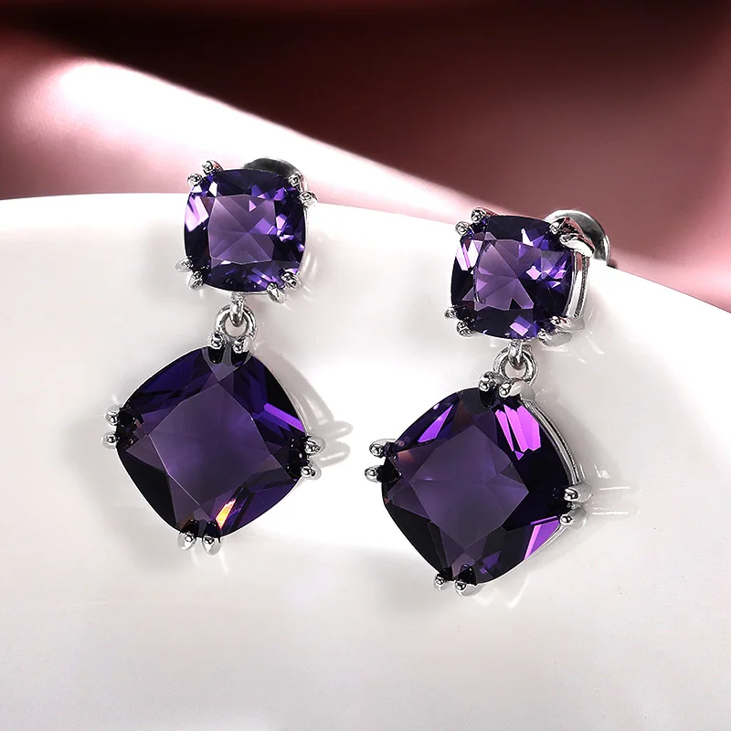 Huitan Noble Bridal Earrings for Wedding Geometric Purple Cubic Zirconia High Quality Elegant Women Accessories 2021 New Jewelry