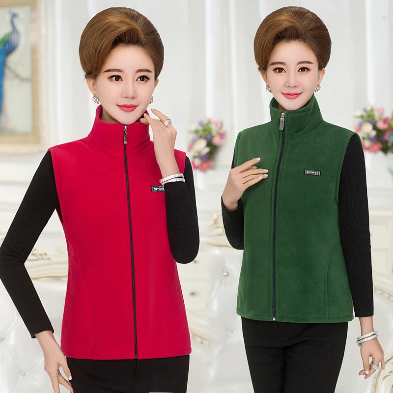 

Middle-aged Mother Stand Collar Vest Jacket Short Polar Fleece Sleeveless Outwear Warm Female Solid Casual Waistcoat Tops