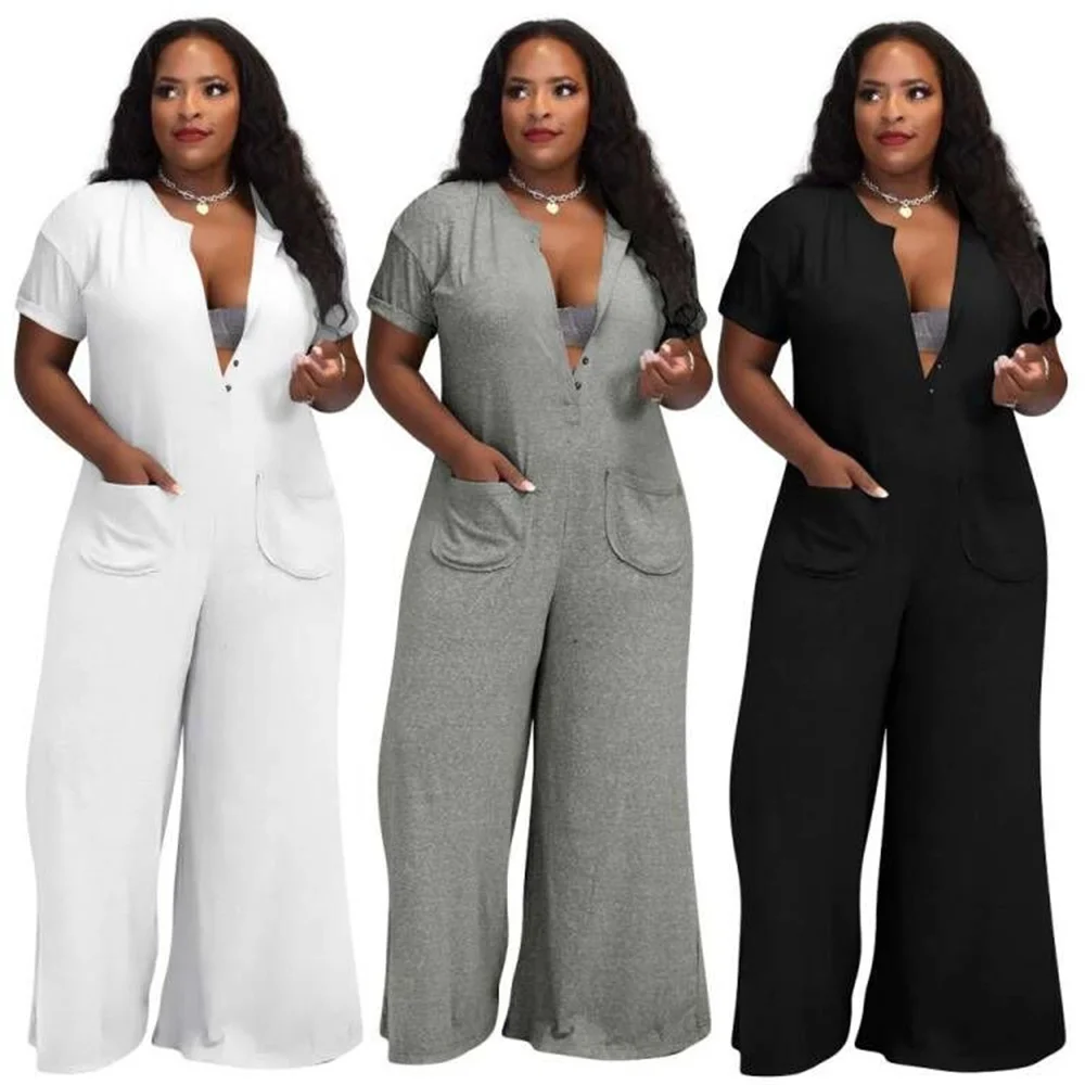 Fall Plus Size Women Clothing Home Casual Fashion Solid Color Pocket Wide Leg Loose Buttons Sexy Jumpsuit Wholesale Dropshipping