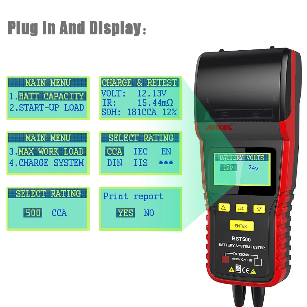 ANCEL BST500 12V Car Battery Tester 24V Truck Charging System Scanner Support Multiple Rating Battery Analyzer With Printer