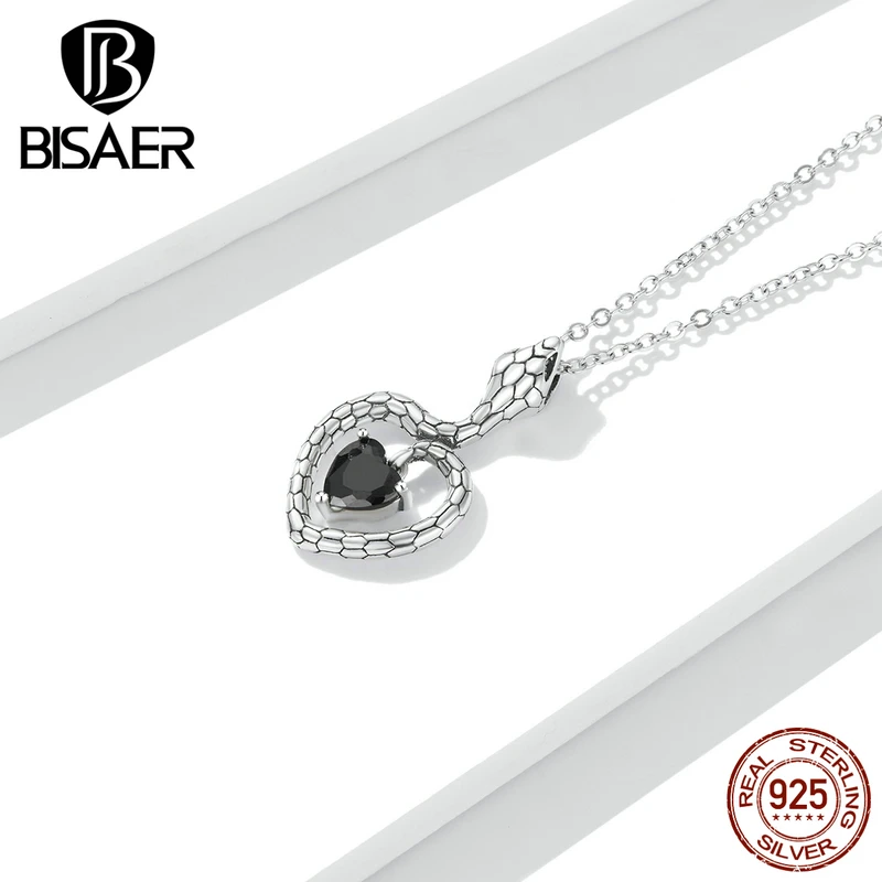 BISAER Vintage Snake Pendant Necklace 925 Sterling Silver 45cm Adjustable Chain Link Necklace Female Statement Jewelry EFN233