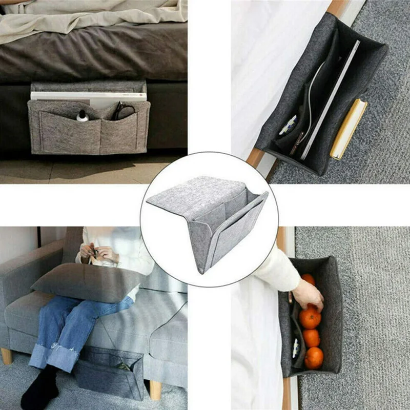 Filz-Nachttisch-Organizer, rutschfester Sofa-Seiten-Aufbewahrungsbehälter mit Fernbedienungshalter und Taschen für Schlafzimmer und Wohnzimmer – Detail 4
