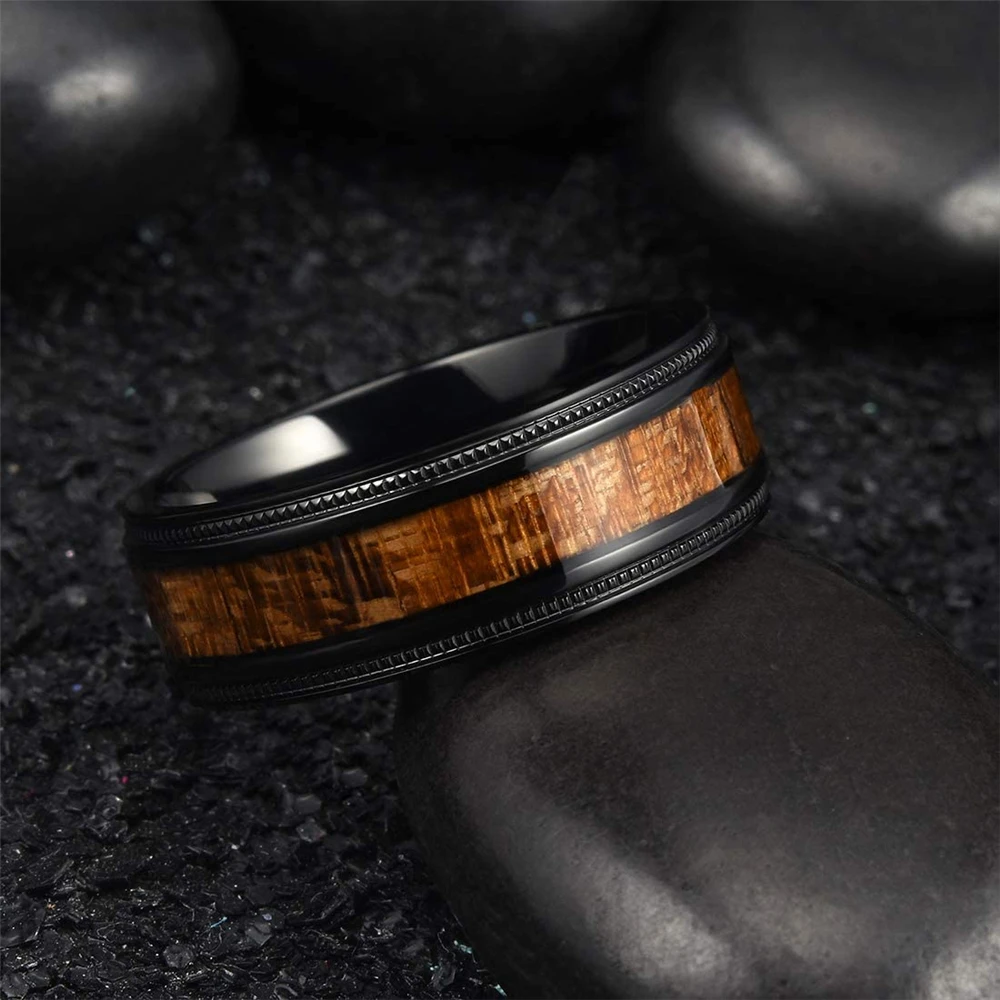 Fashion 8mm Black Tungsten Wedding Ring For Men Women Koa Wood Inlay Steel Engagement Rings Punk Men\'s Anniversary Jewelry Gifts