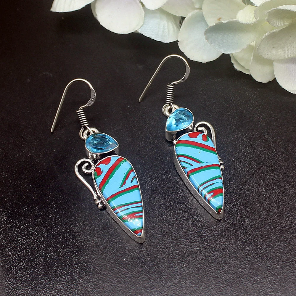 

Gemstonefactory Big Promotion Single Unique 925 Silver Stripe Jasper Blue Topaz Women Dangle Drop Earrings 20211755