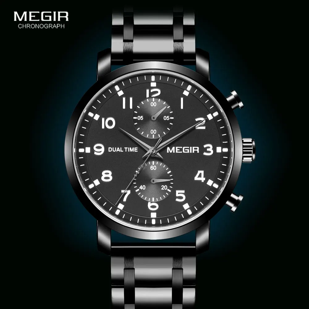 MEGIR Men Watches Fashion Chronograph Business Wrist Watch for Man Stainless Steel Waterproof Quartz Watch Leather Strap Relogio