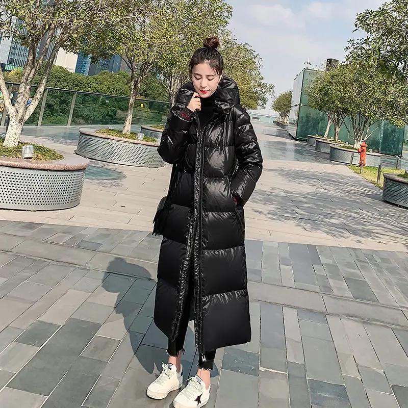 2024 New Thicken Snow Parkas Fashion Windproof Glossy Down Cotton Hooded Women Jacket Winter Loose Long Coat 4XL Ladies Outwear