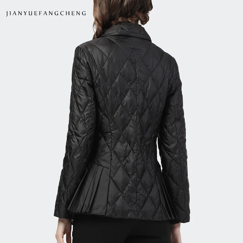 Fashion Diamond Lattice Women Winter Down Jacket Elegant Suit Collar Double-breasted Lightly Puffer Coat Slim Plus Size Parkas