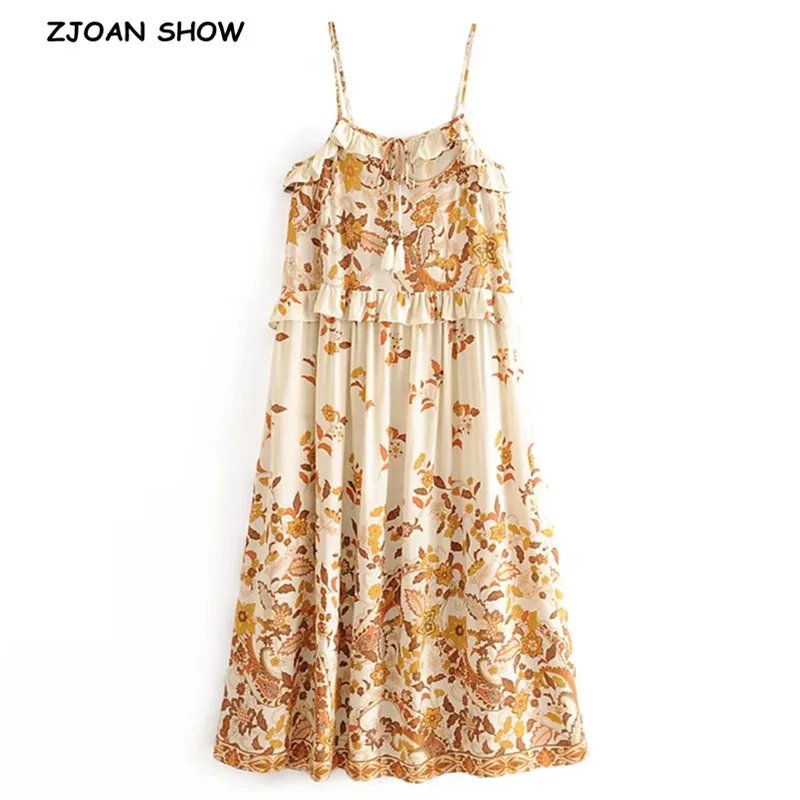 BOHO Wood ears Ruffles stampa floreale Spaghetti Strap Dress BOHO donna nappa Lace up scollo a V Sling Maxi abiti lunghi Beach