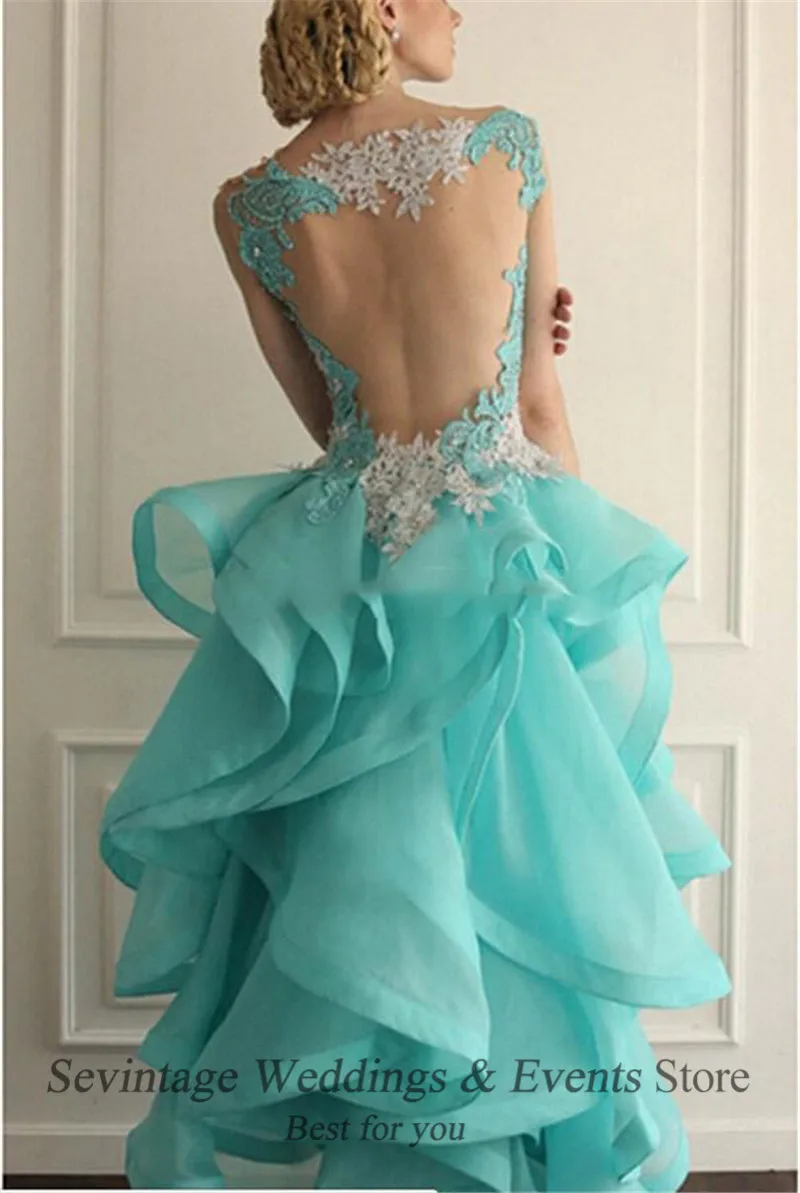 Customized 2020 Blue High Front and Low Back Cocktail Dresses Illusion Neck Organza Lace Appliques Ruffle Beads Homecoming Gowns