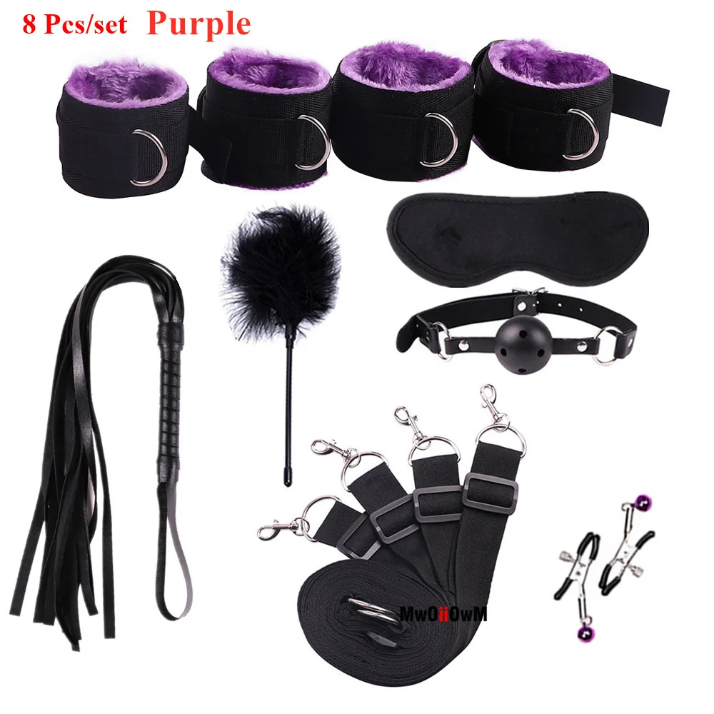 Couple Sex Toys BDSM Bed Restraint Equipment Set Sex Erotic Handcuffs Ankle Eye Mask Whip Anal Plug Alternative Training Game