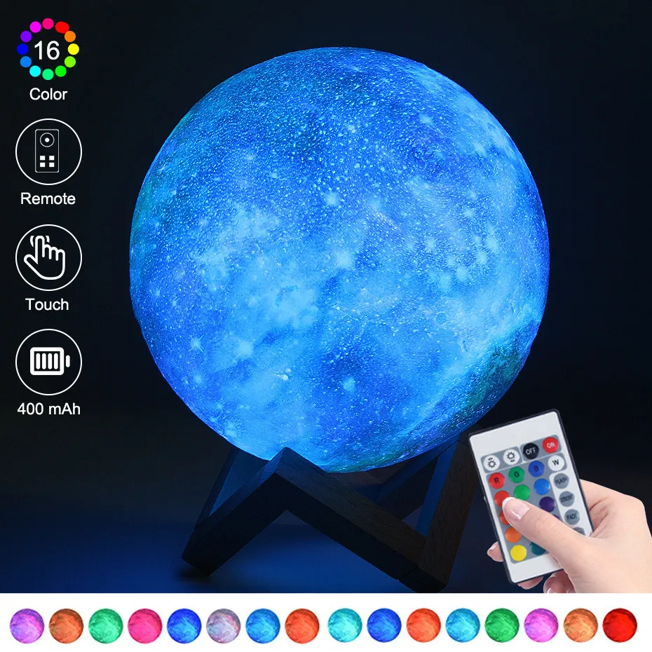 

3D Print Moon Lamp 16 Colors 8cm 15cm 20cm Night Light USB Rechargeable Starry Sky Moon Decoration Lights Touch Remote Control