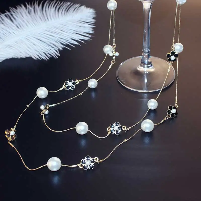 Hollow camellia pearl long necklace multilayer autumn winter sweater chain necklace for woman