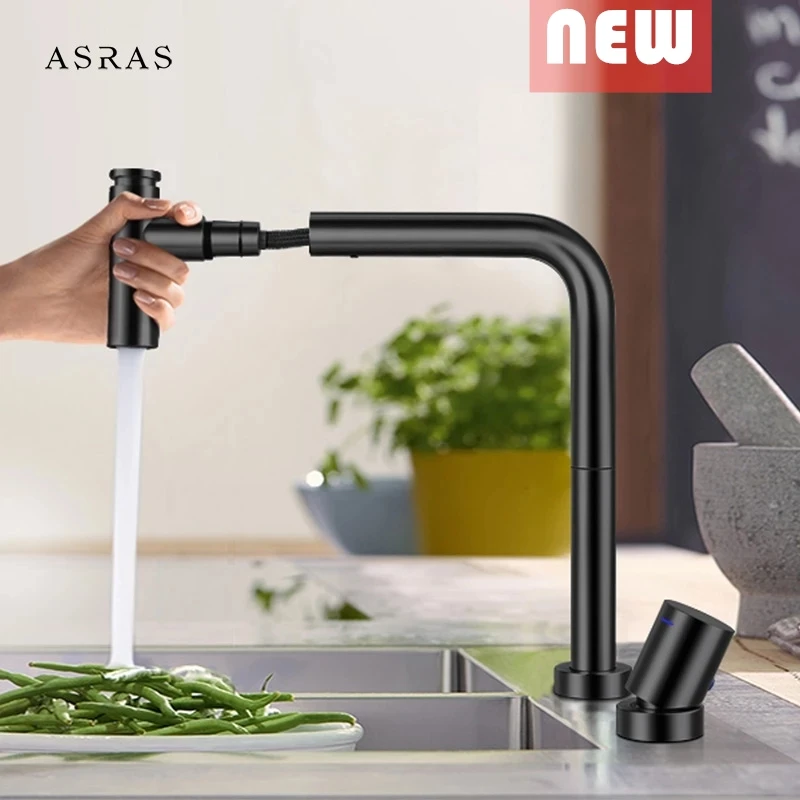 

Asras 4042 Stainless Steel Pull-out Balck Kitchen Faucet Hot And Cold Shower Outlet Sink Telescopi Mixer Split Style Basin Tap