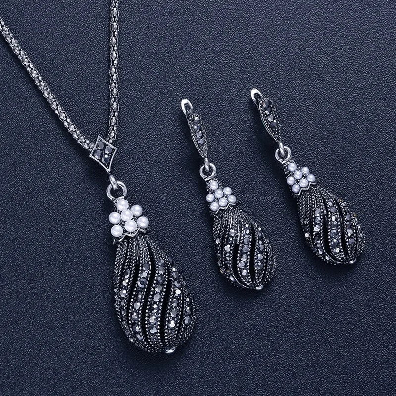 Vintage Elegant Silver Plated Black Zircon Crystal Geometric Pendant Necklace Drop Earring for Women Wedding Jewelry Sets