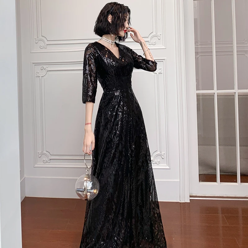 Wei yin AE0196-vestido de noche largo con lentejuelas, traje Formal elegante con cuello en V, longitud hasta el suelo, color negro, 2023