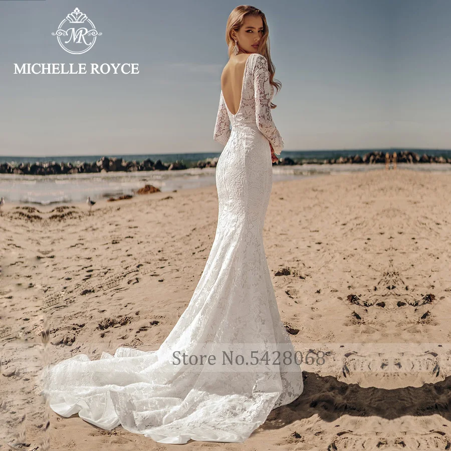 Michelle Royce Mermaid Scoop Long Sleeve Wedding Dresses For Women 2022 Bride Backless Chapel Train Bridal Gown Vestido De Novia