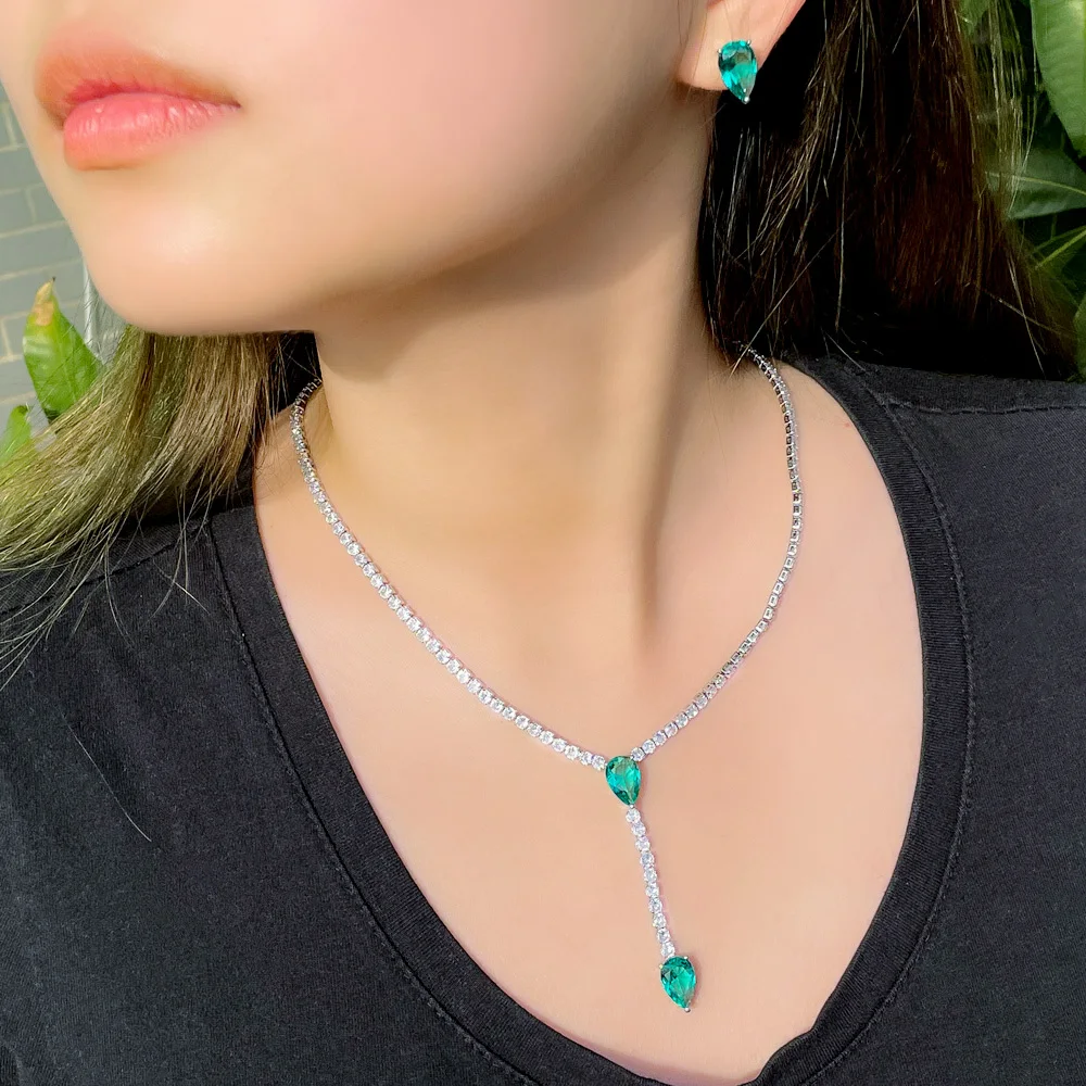 CWWZircons Simple Tassel Water Drop Green CZ Crystal Women Wedding Necklace and Earring Set Chic Bridal Jewelry Accessories T611