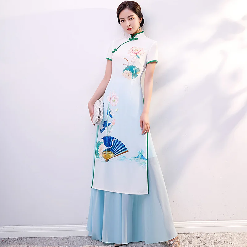 S-5XL Print Long Cheongsam Oriental Women Satin Party Evening Qipao Vintage Chinese Female Summer Elegant Dress Vestido