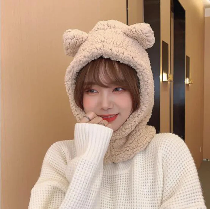 New Cute Bear Ear Hat Scarf Gloves Set Women Winter Novelty Caps Warm Plush Hats Casual Solid Fleece Girl Party Accessories