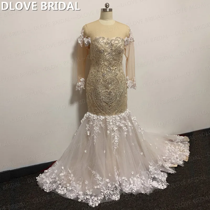 Abito da sposa in cristallo di lusso Illusion maniche lunghe abito da sposa a sirena con Appliques in pizzo fiore 3D abiti su misura in fabbrica