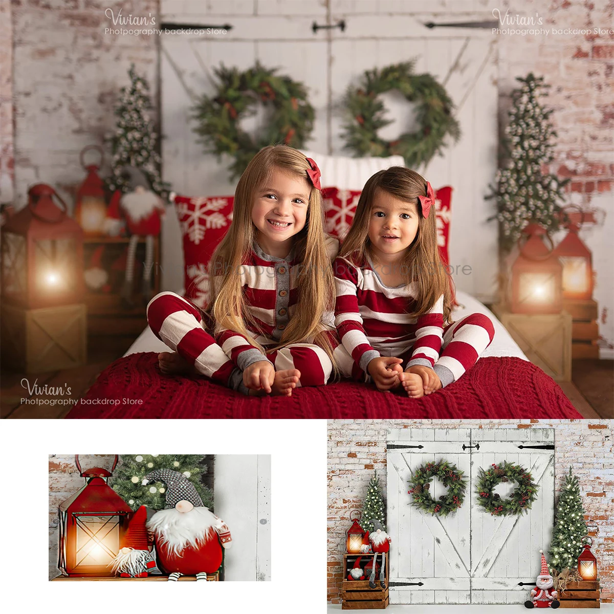 Christmas White Wood Door Background Toy Santa Kids Photography Family Child Portrait Photostudio Wreath Girl Backdrop Banner