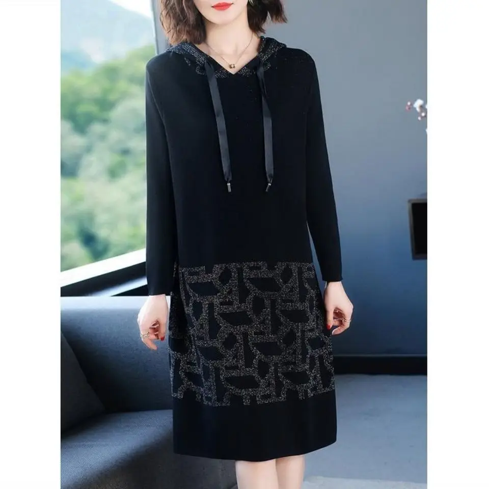 

Fashion Dress Women Knitting Sweater Loose Ice Silk Vestidos Hooded Embroidery Patchwork Bottom Mid-Age Mother Clothes 2024 New