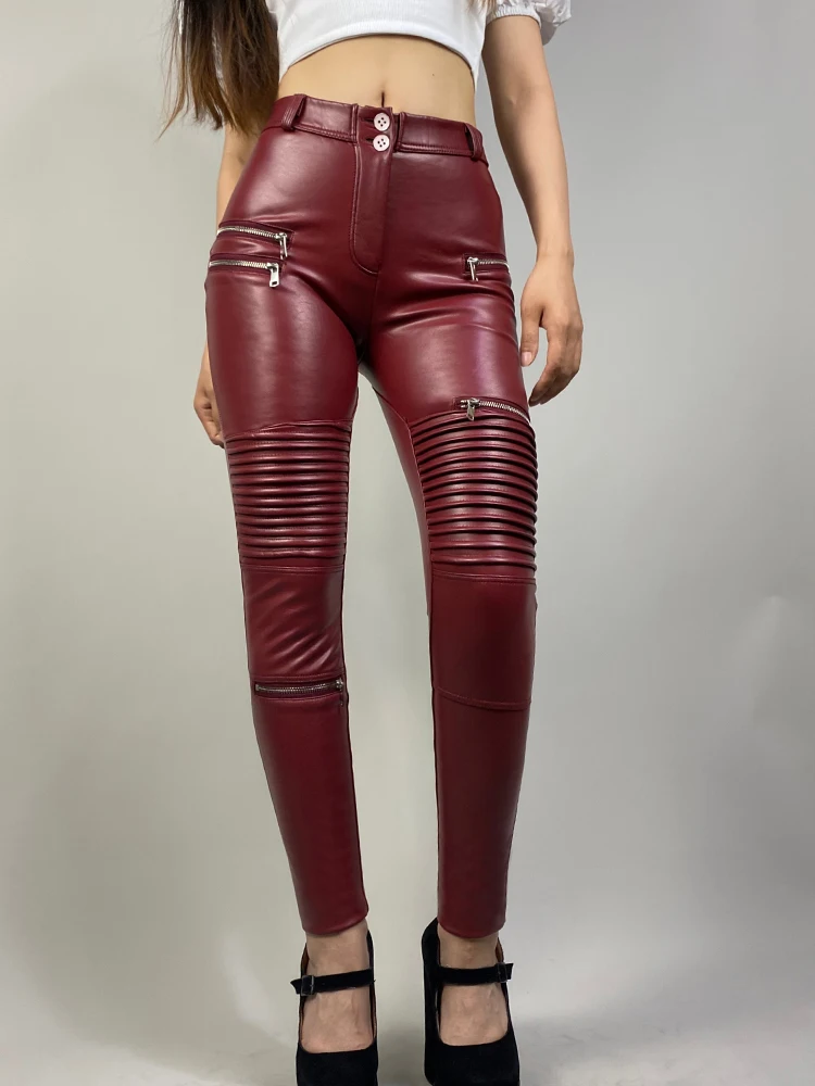 Shascullfites Melody หนัง Moto กางเกงสตรี Buttoned Casual เคลือบ Pu กางเกง Burgundy กางเกงขากางเกงซิป