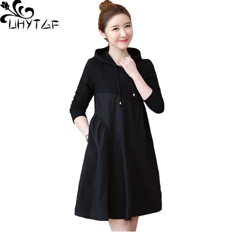 UHYTGF Cute Girl 5XL Big Size Clothes Hooded Pullover Black Female Spring Autumn Dress Long Sleeve Casual Women Sweatshirt 2001