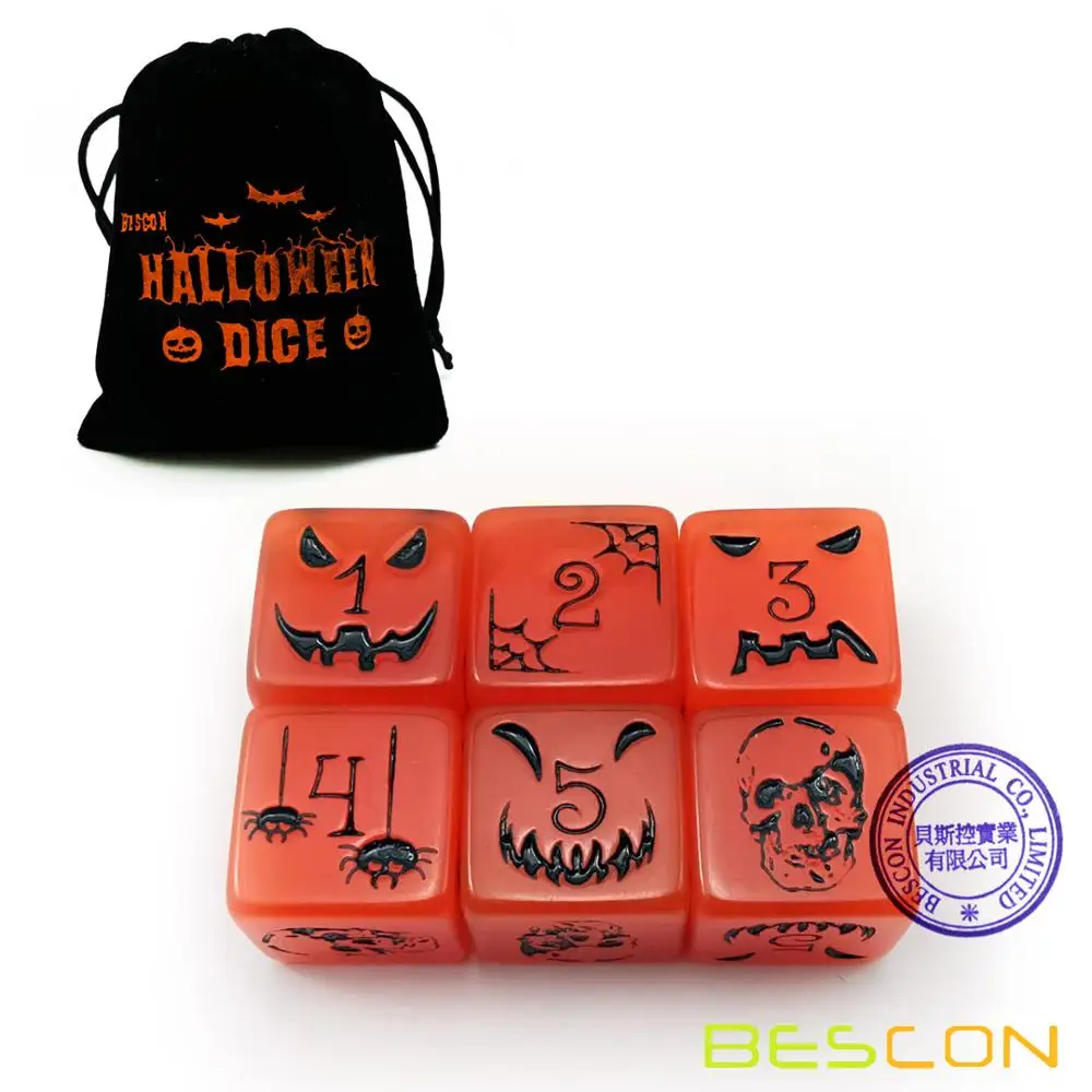 Set of 6 Bescon Luminous Halloween Dice 6 Sides, Glow in Dark 6 Sided Halloween Dice Set in Velvet Pouch