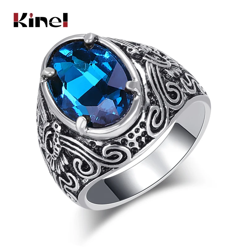 Kinel Hot Bohemia Blue Glass Rings For Womne Antique Pattern Silver Color Men Ring Vintage Jewelry Drop Shipping 2019 New