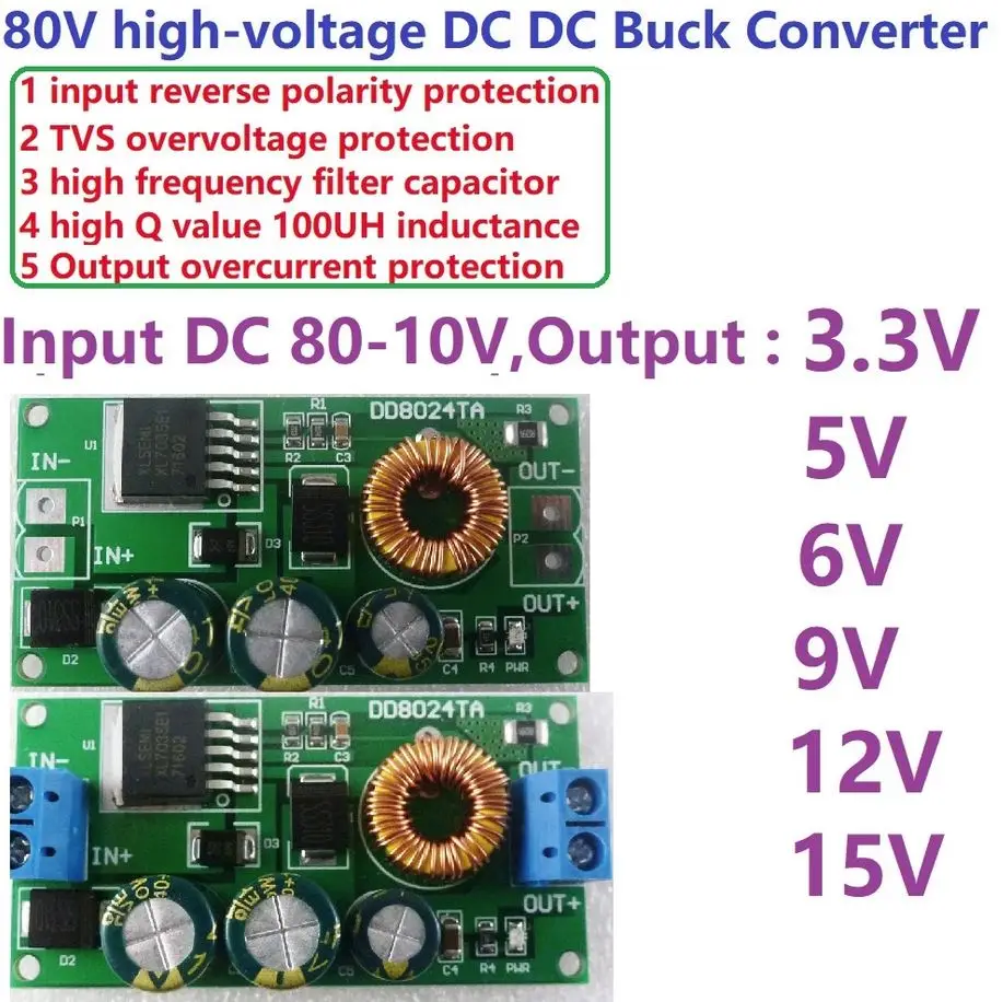 High-Voltage DC-DC Buck Converter Module Step-Down Voltage Regulator Board 80V 72V 64V 60V 48V 36V 24V to 15V 12V 9V 6V 5V 3.3V