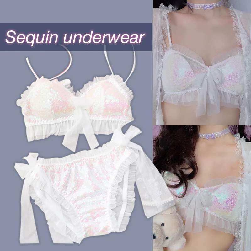 Women Sexy Sweet Lace Bra Set Sequin Ruffle Bow Lolita Girl Bra+ Underwear Luxury Romantic Princess Lingerie Mermaid Cosplay