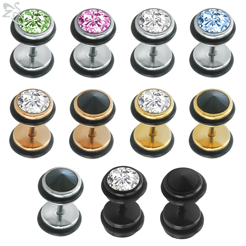 ZS Mix Color Crystal Stud Earrings For Women Black Steel Fake Ear Plug Tunnel Earring 16 Gauge Stainless Steel Ear Piercings