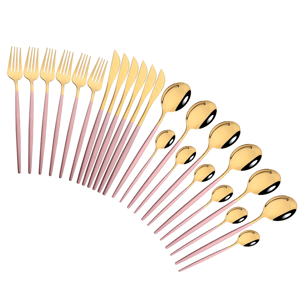 Pink Gold Cutlery Set Stainless Steel Dinnerware Set 24Pcs Knives Forks Coffee Spoons Flatware Set Kitchen Dinner Tableware Set