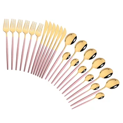 Pink Gold Cutlery Set Stainless Steel Dinnerware Set 24Pcs Knives Forks Coffee Spoons Flatware Set Kitchen Dinner Tableware Set