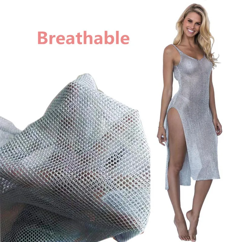 Women Sexy Mesh Beach Dress Sheer Long Cover Up Knitted Glitter Tunic Female Golden Swimsuit Bikini Sarong Swimwear Sling Dress