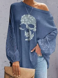 Women Sexy Skew Collar Casual Blouse Elegant Femme Skull Print Office Shirt Blusa Spring Autumn Hollow Batwing Sleeve Tops